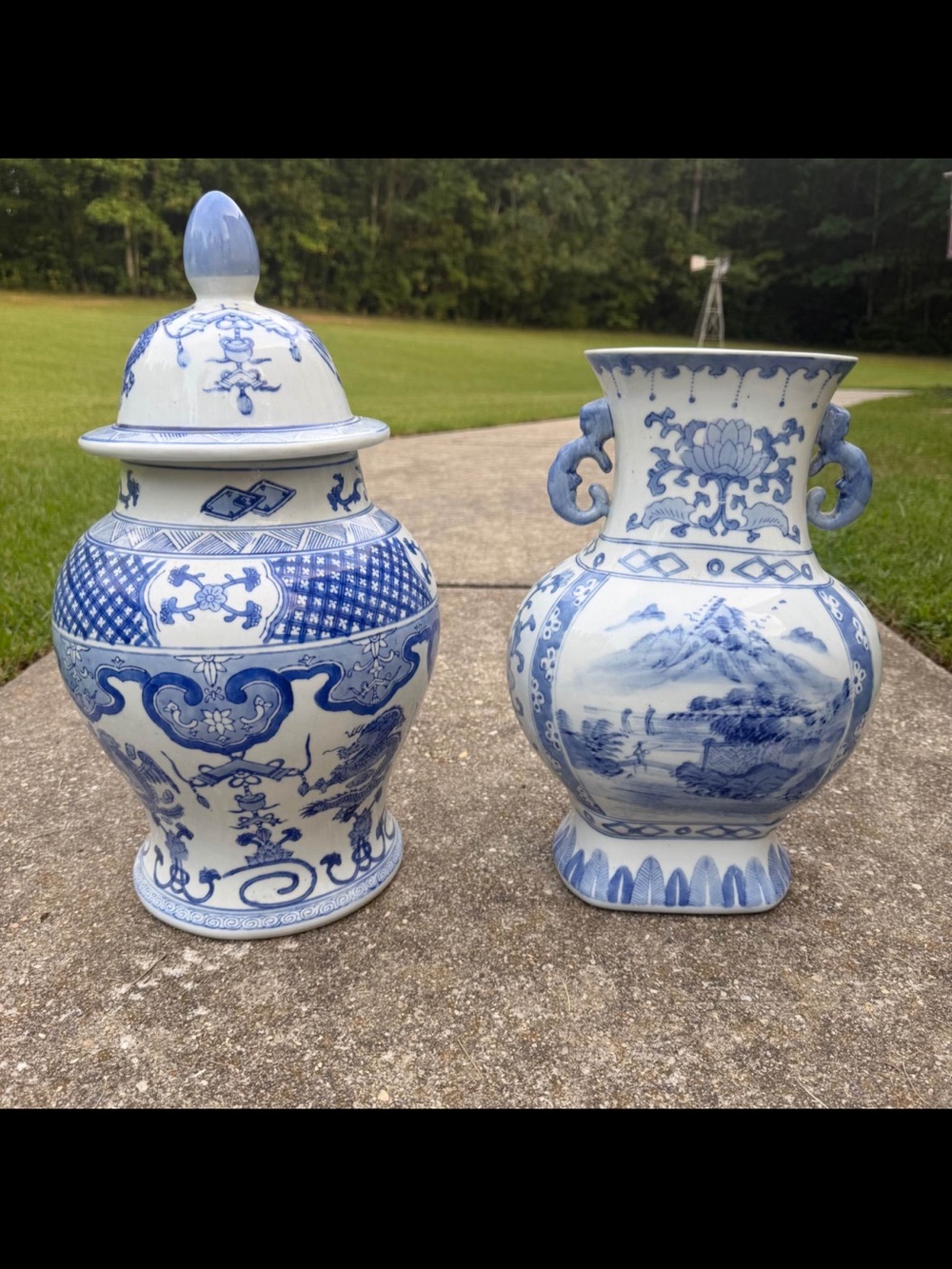 Vintage Chinese hand painted blue and white ginger jar and blue and white 2 hand